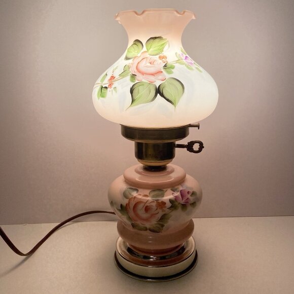 Vintage Hurricane Lamp 12.5” Pink Floral Hand Painted Glass Brass Electric - Picture 3 of 10